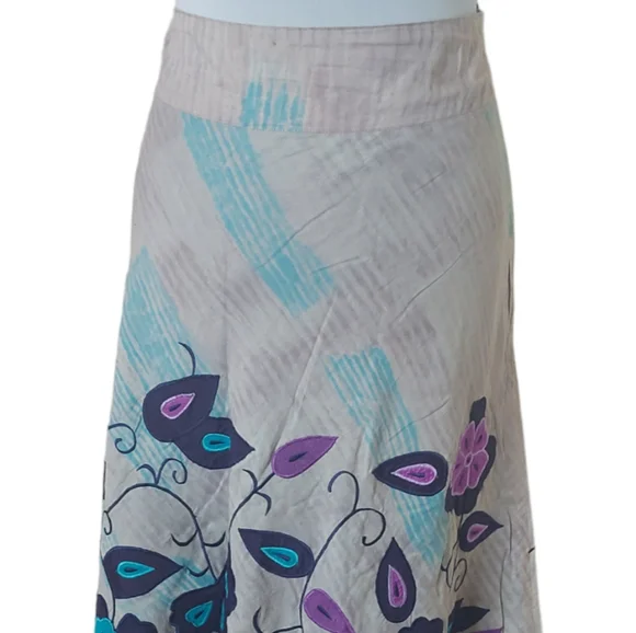 Monsoon Embroidered Skirt UK Size 16 Applique Beige Purple Blue A-line Lined - Picture 2 of 8